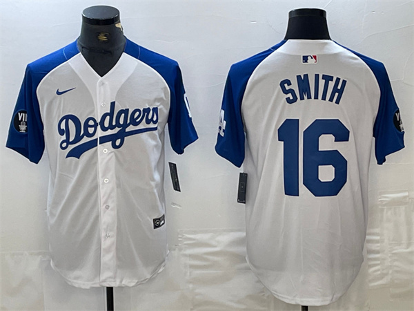 Men's Los Angeles Dodgers #16 Will Smith White/Blue Vin Patch Cool Base Stitched Baseball Jersey